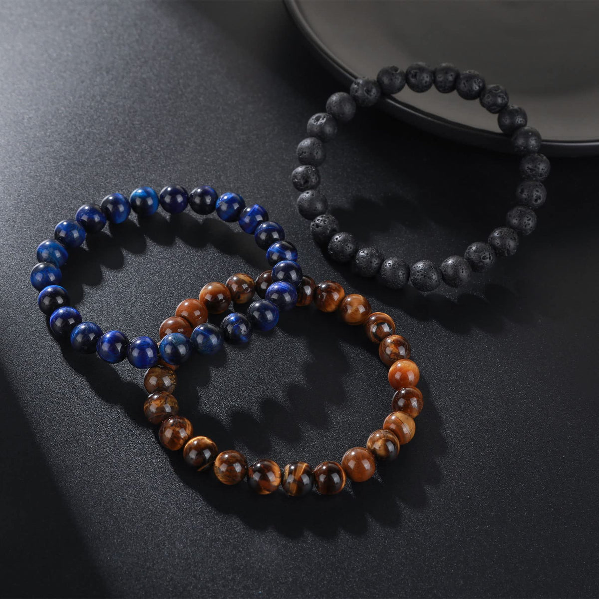 Tiger Eye Bracelet For Men 8MM Natural Stone Beads Bracelet Set Stretch Lava Rock Bracelets Adjustable Black Crystal Beaded Bracelet for Men Women Gifts (3,lava rock,tiger eye,blue)