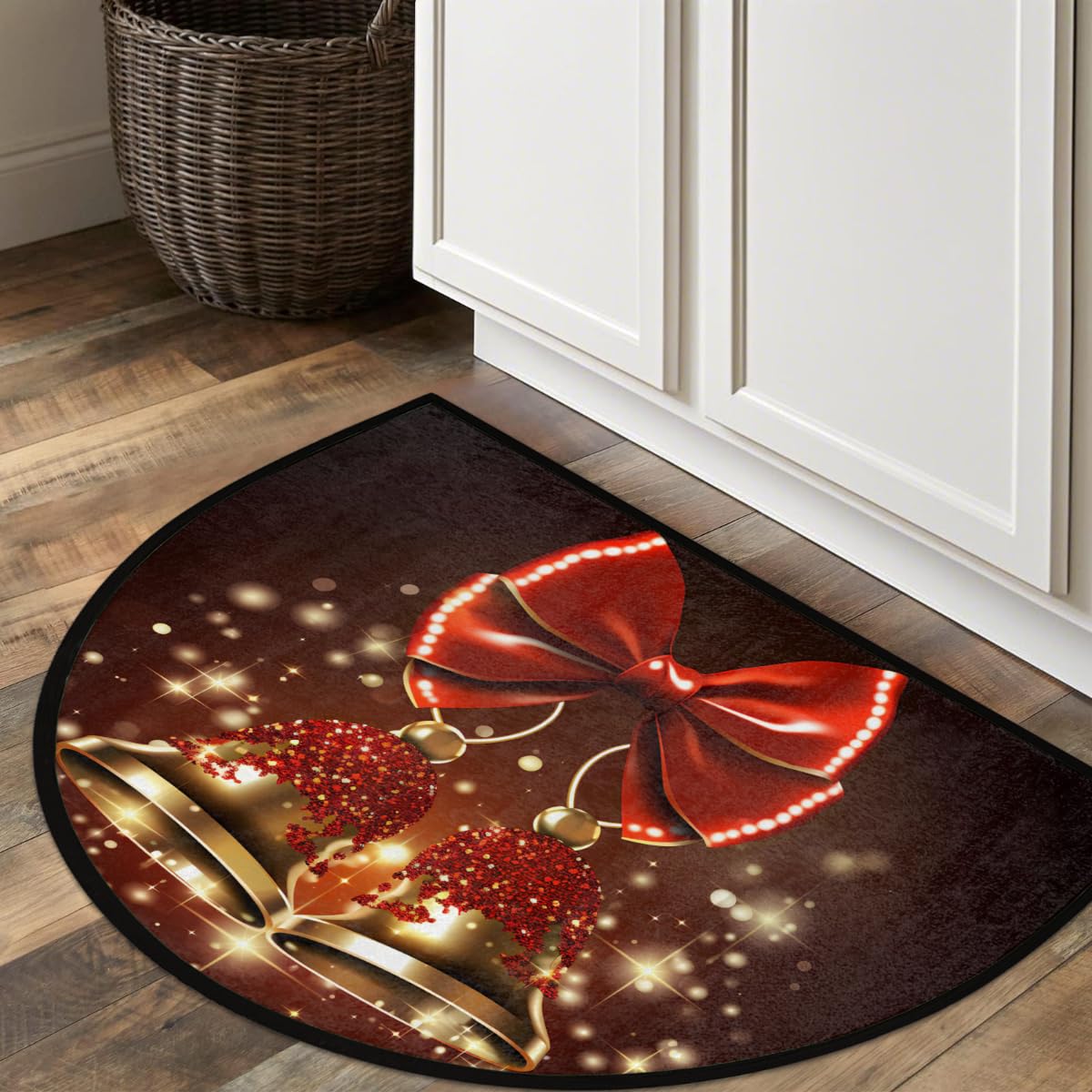 Half Round Doormat Christmas Xmas Red Bell Semi Circle Rug Non Slip Indoor Outdoor Entrance Half Moon Rug Washable Front Floor Mat for Kitchen Bathroom Patio Fireplace Holiday Decor (B03:christmas 3)