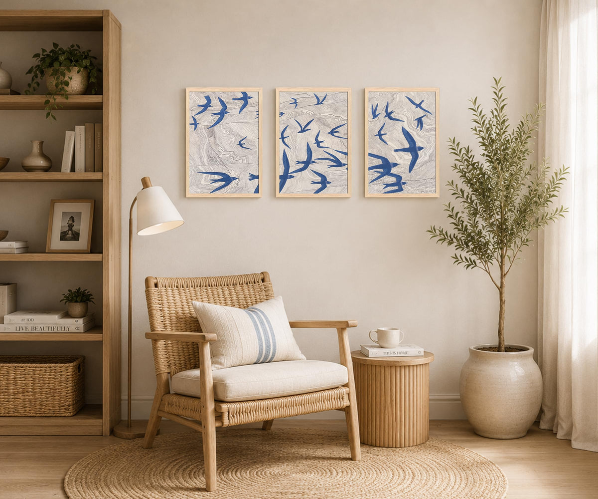 Abstract Blue Bird Wall Art Japandi Texture Flying Bird Canvas Print (Blue Swallows / 12 X 16 Inches)