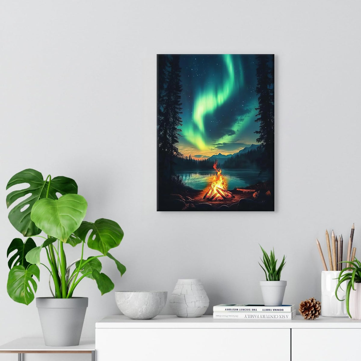 Northern Lights Wall Art Green Aurora Borealis Landscape Wall Decor Nature Mountain Lake Picture Canvas Prints Painting Bonfire Scene Poster Painting Artwork for Living Room Bedroom Decoration 12x16” (12"L x 16"W / Nature15)