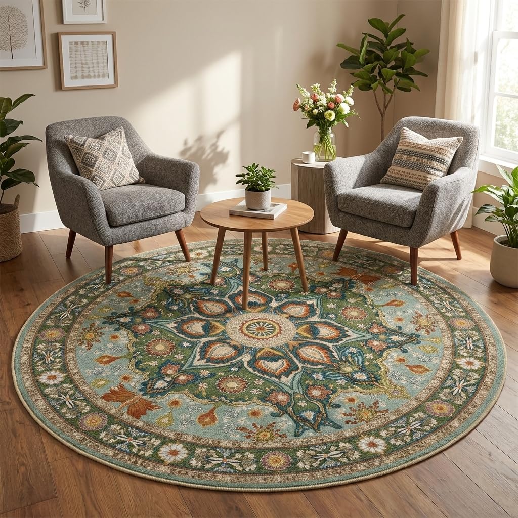 Sage Green Floral Round Area Rug 5ft (Daily-sage Green Floral / 5' (Round))