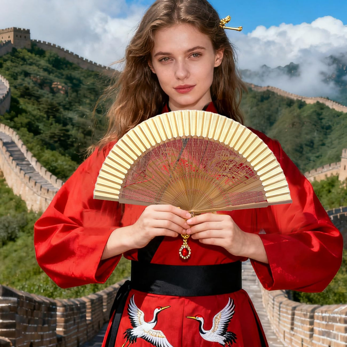 Hand Fan for Vintage Japanese Bamboo Silk Elegant for Dance Music Festival Wedding Church Decoration Party (The Great Wall / Medium)