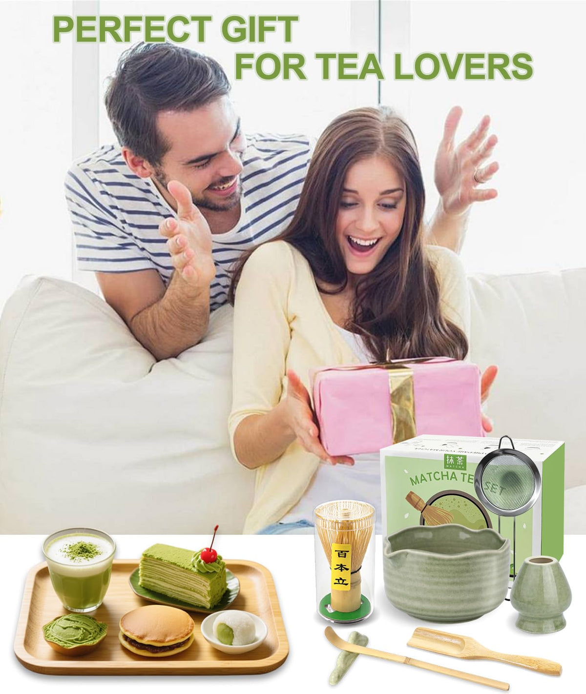 Matcha Set with 17oz Ceramic Bowl (Mottled Green)
