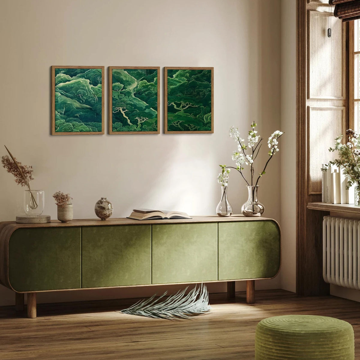 Japanese Nature Forest Wall Art Set of 3 (Green Book Mountain / 16"L x 12"W)