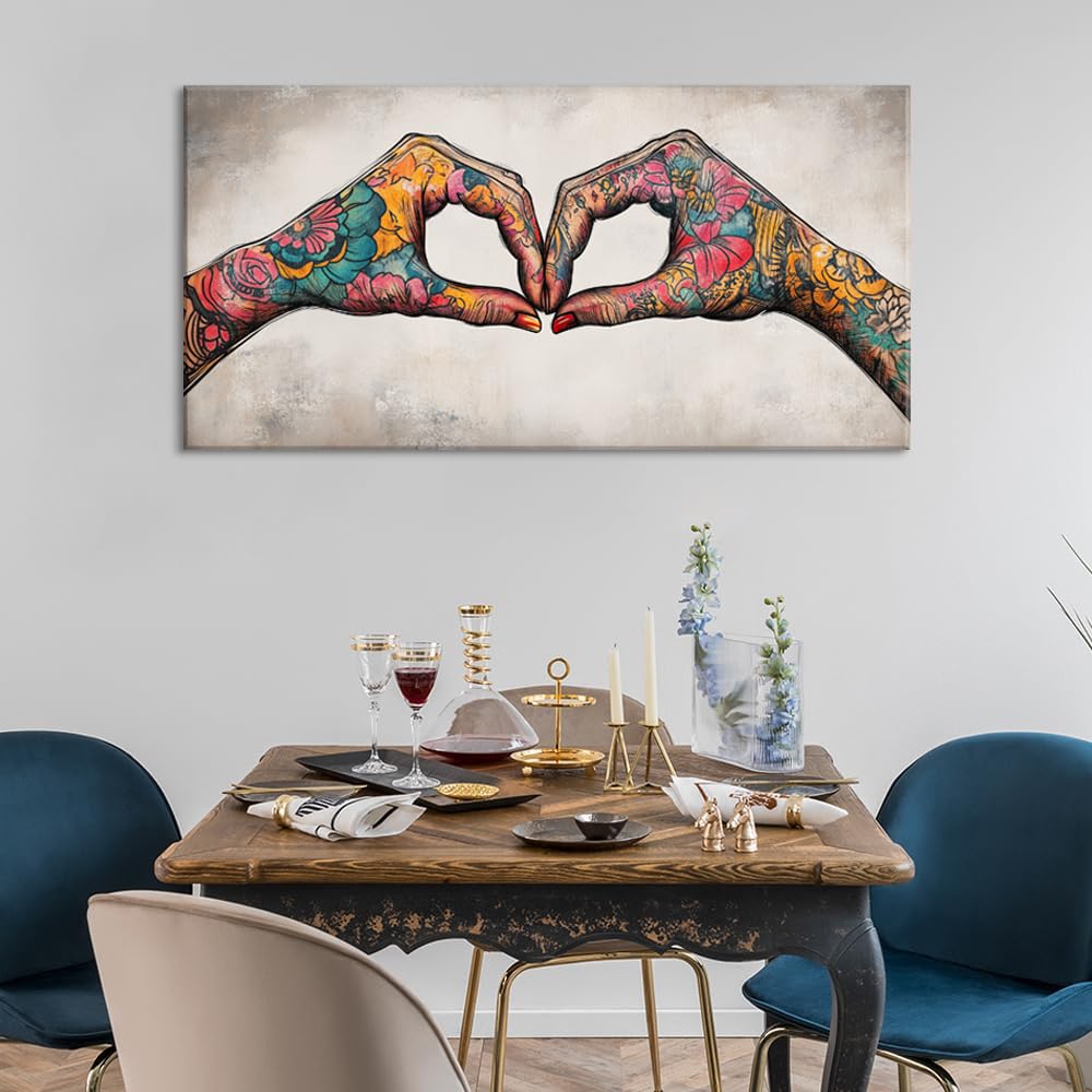 Colorful Two Tattooed Hands Heart Shape Wall Art for Living Room Office Romantic Gesture Contemporary Painting Prints Modern Canvas Artwork Dining Bedroom Decor Extra Large (Contemporary / Colorful TwoTattooed Hands Wall Art / 58"L x 28"W)