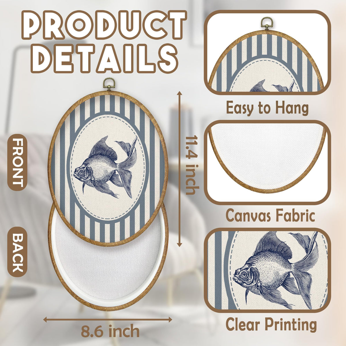 Blue Goldfish Fish Oval Wall Art Decor (Color055)