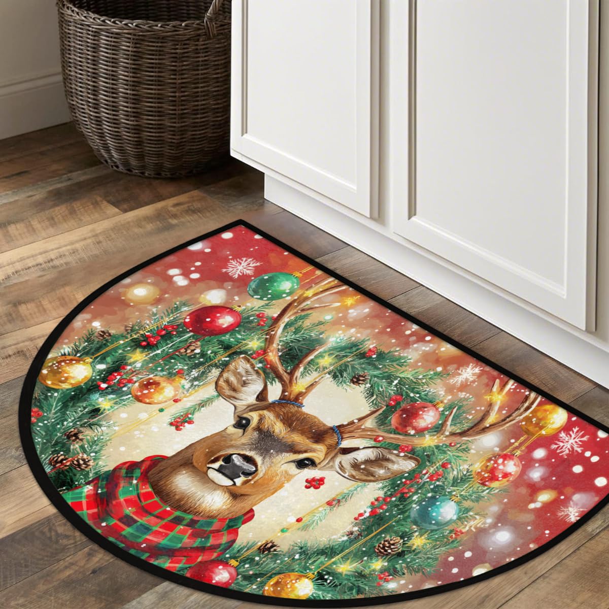 Christmas Snowflake Deer Half Round Door Mat (S-044)