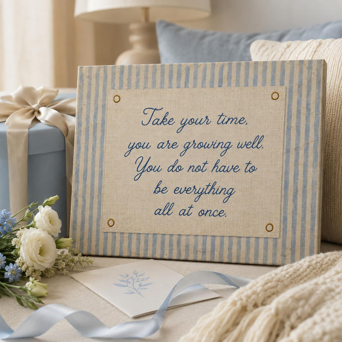Inspirational Quote Framed Canvas Wall Art Blue Stripes Decor 12x16 Inches (Mindful Growth / 16"L x 12"W)