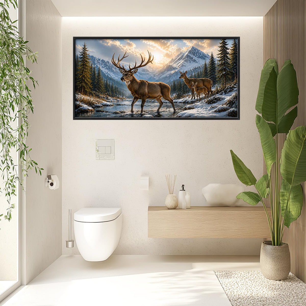 Large Framed Deer Family Wall Art Winter Mountain Wall Art 60"x30" (Deer / 60"L x 30"W)