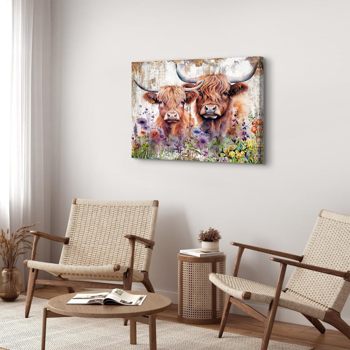 Large Highland Cow Wall Art with Wildflowers Rustic Farmhouse Western Cow Canvas Print Vintage Floral Scottish Cattle Picture Country Animal Wall Decor for Living Room Bedroom Dining Room 24x36" (36"L x 24"W / Cow)