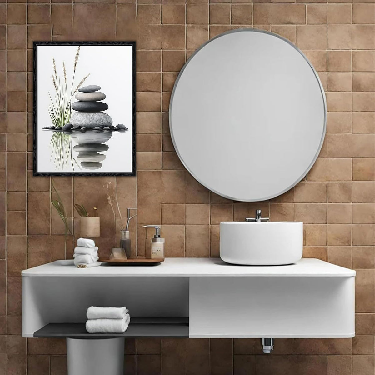 Beautiful Tranquil Zen Stacked Stones with Water Reflection Canvas Wall Art (Zen (Black Framed) / 24"L x 16"W)