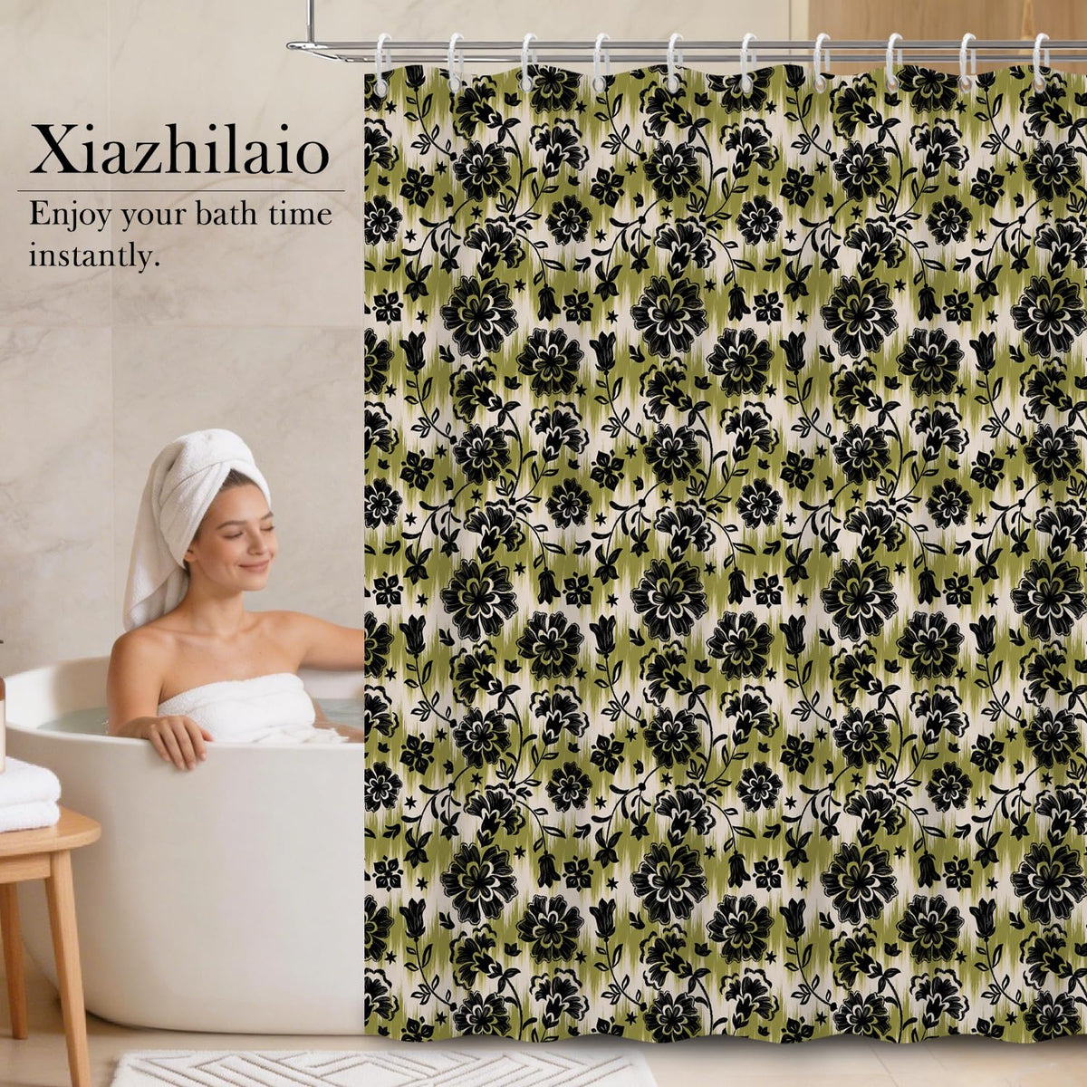 Vintage Floral Shower Curtain with Hooks (Black Flower / 72"W x 78"L (Pack of 1))