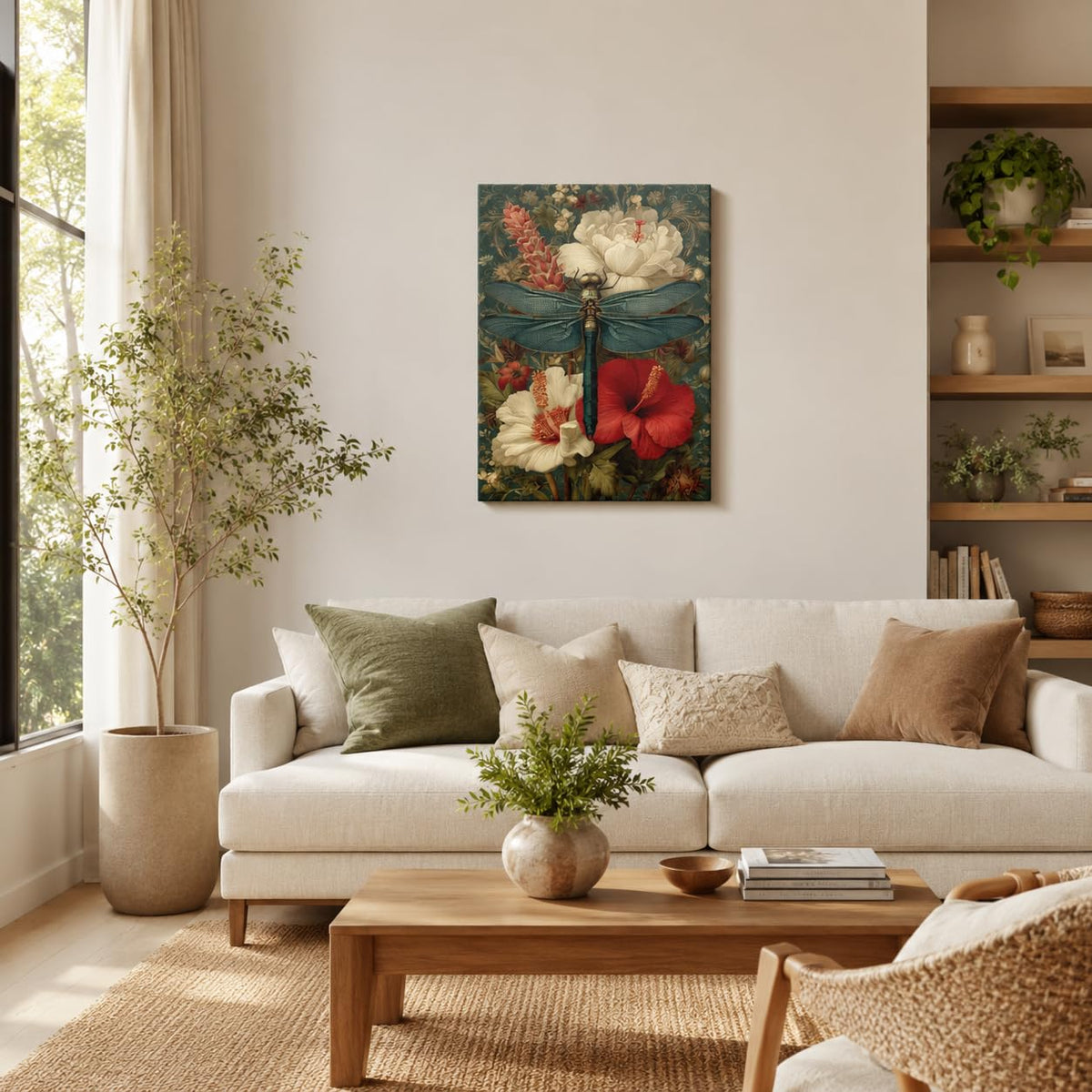 Dragonfly Floral Canvas Wall Art Vintage Framed Botanical Decor 12x16 Inch (Dragonfly Floral / 16"L x 12"W)