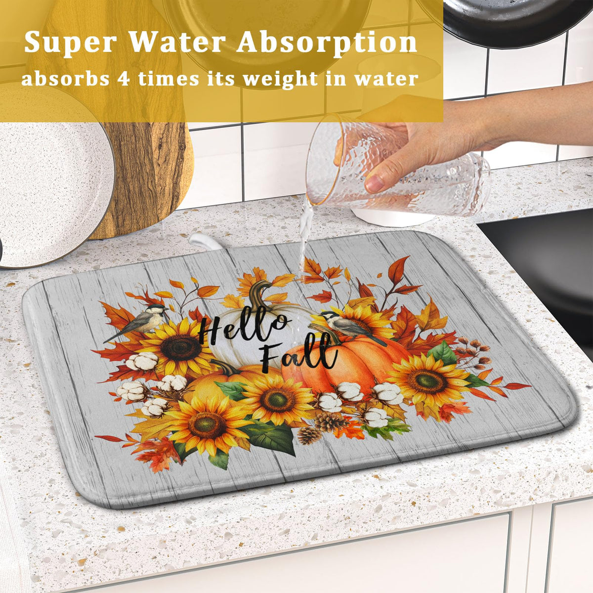 Hello Fall Sunflowers Dish Drying Mat for Kitchen Counter (Hello Fall / 16" x 18")