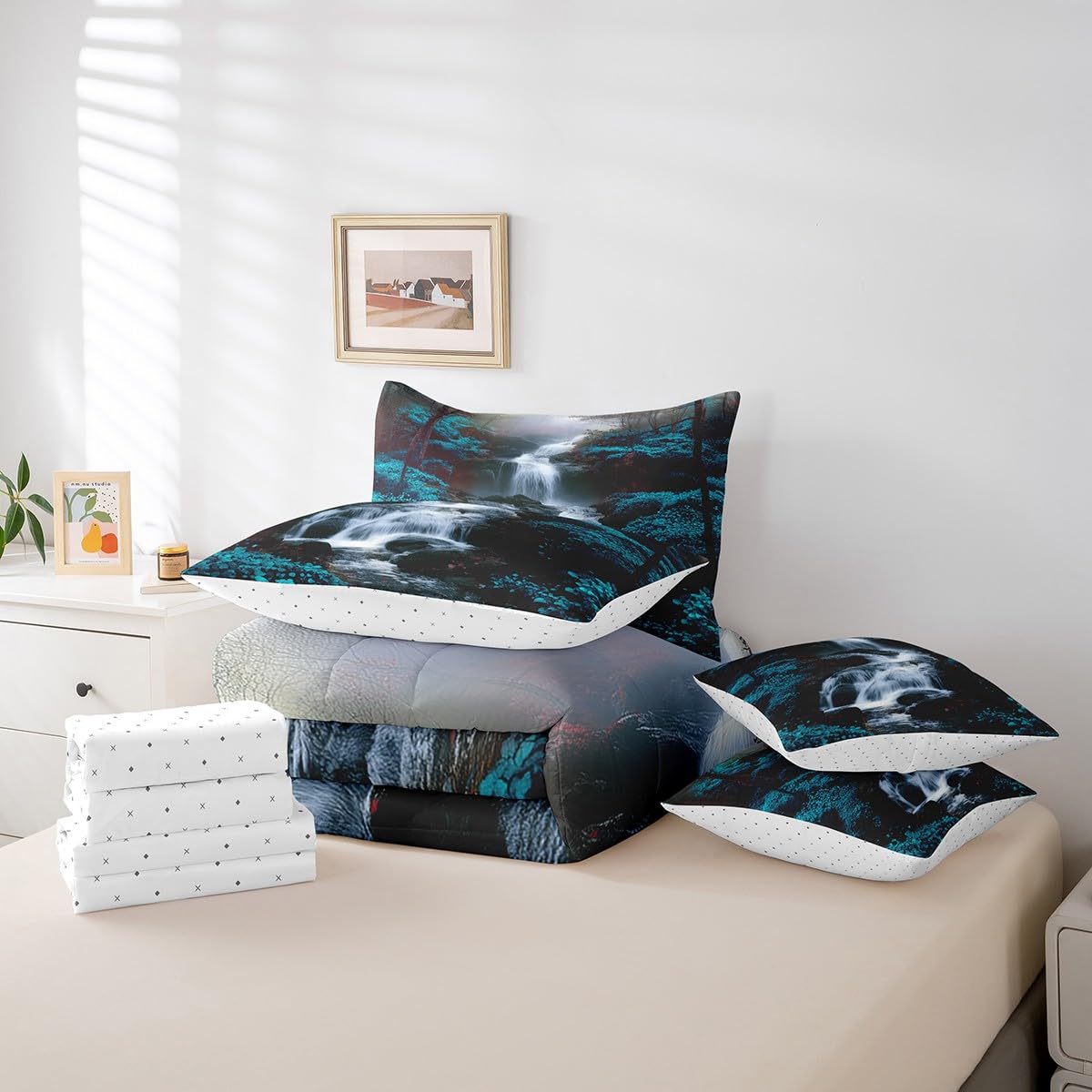 Waterfall Comforter Set with Sheets King Size Kids Chinese Style Zen 7 Piece Bedding Set All Season Teens Nature Scenery Bed in A Bag Breathable Soft Lightweight Ocean Blue Room Decor (Ocean Blue / King)
