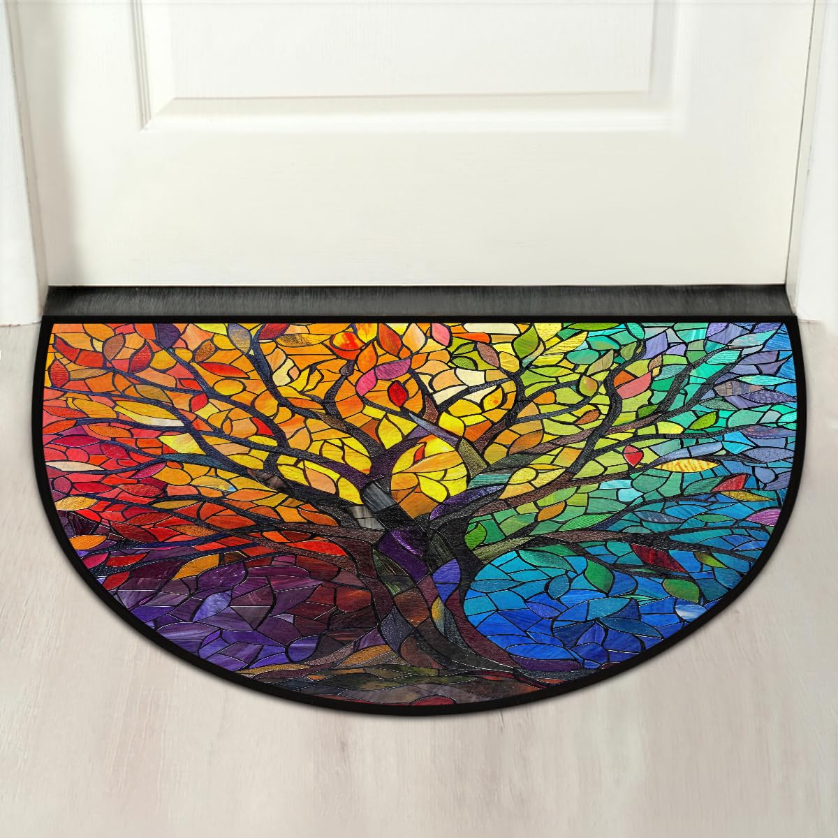 Stained Glass Tree Summer Half Round Door Mat Non Slip Washable Semi Circle Area Rug Absorbent Soft Half Moon Rug Floor Mat for Indoor Outdoor Kitchen Bathroom Patio Front Door Mat Decor (Z2)