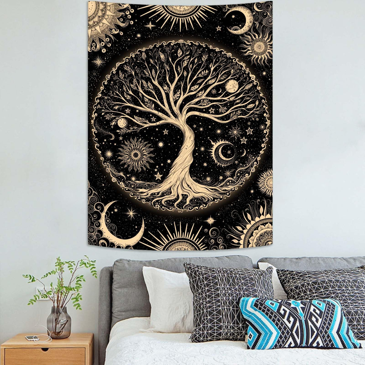Tree of Life Tapestry Starry Sky Wall Tapestry (Golden Black / 60"L x 44"W)