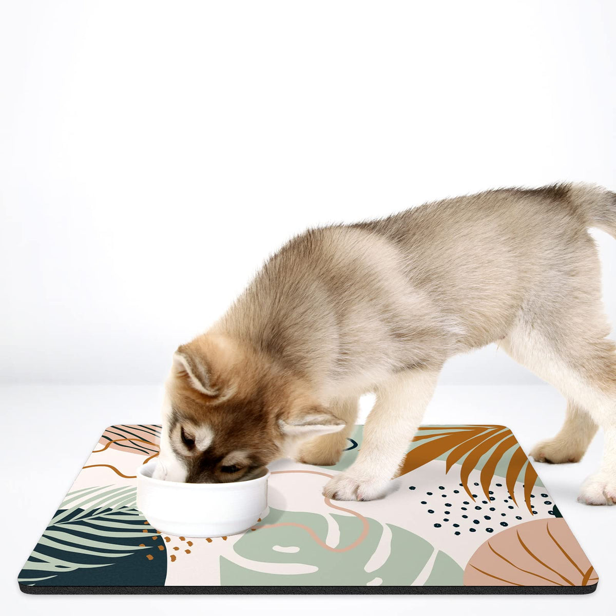 Dog Food Mat 16" x 24" Boho Absorbent Dog Cat Bowl Mat for Food and Water (Boho Tropical Leaves / 16"L x 24"W)