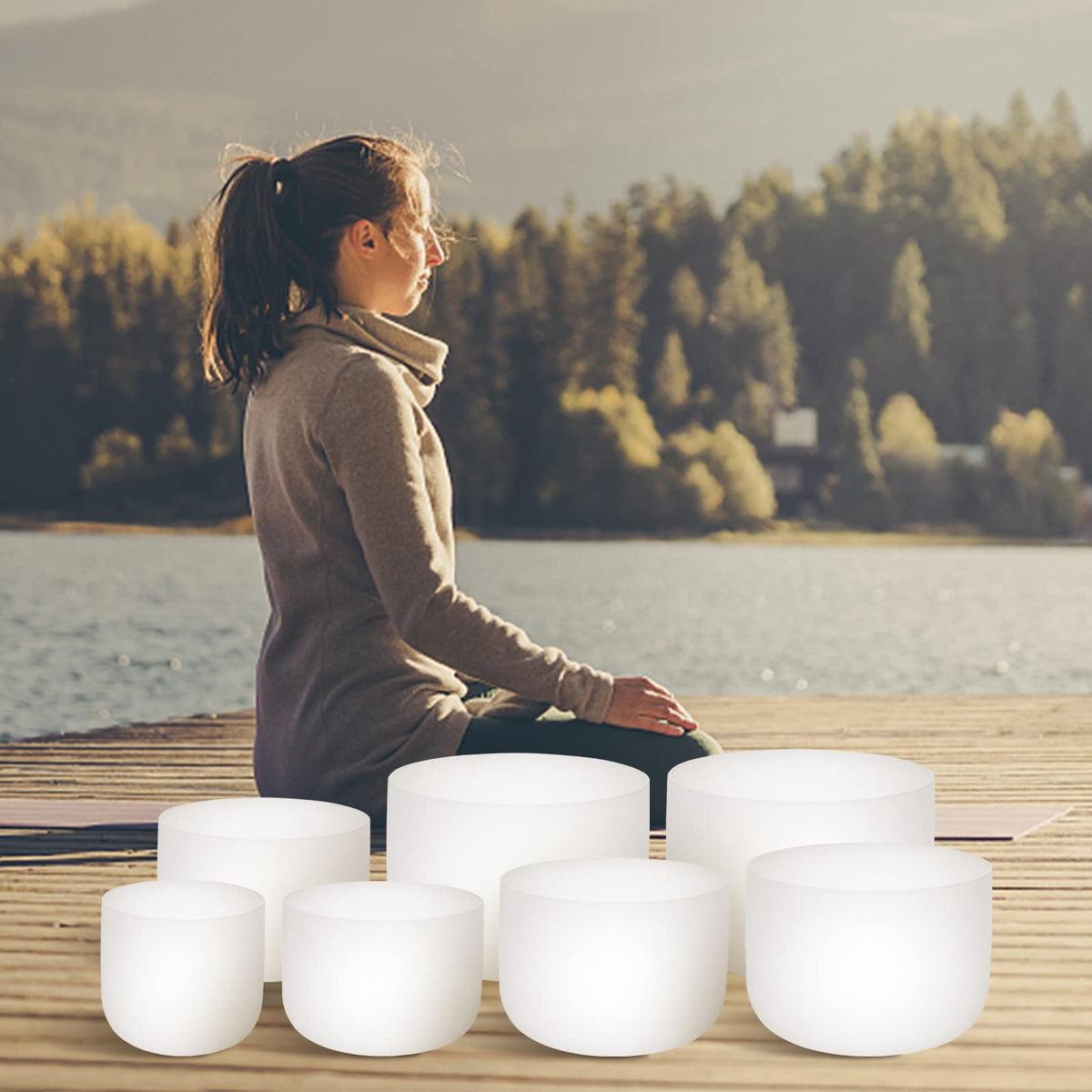 6 12 Inch Crystal Singing Bowl Set of 7 For Sound Healing With 2pcs Free Heave Duty Carring Case Crystal Mallet And O (6-12 inches / 7Pcs White)