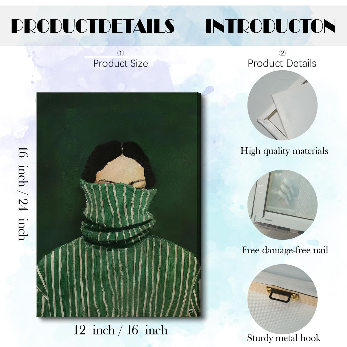 Funky Emerald Green Abstract People Wall Art Vintage Eclectic Woman Portrait Canvas Wall Decor Retro Minimal Japandi Stripe Painting Mysterious Abstract Female Picture Print (Green Abstract Woman / 16"L x 12"W)