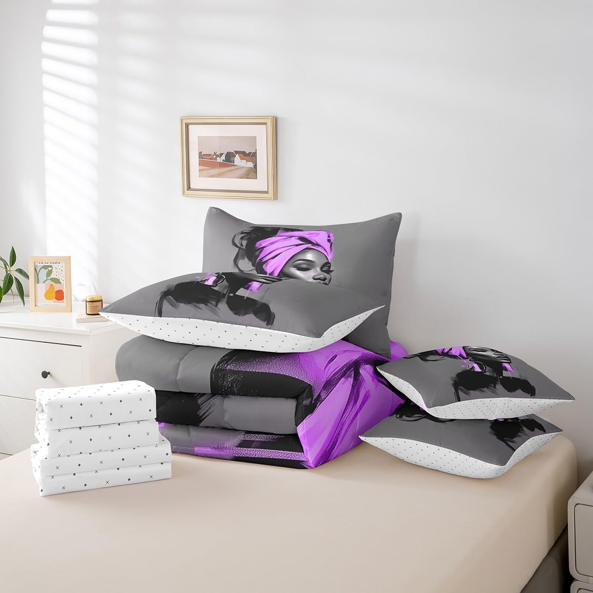 Black Women Comforter Set with Sheets Full Size African American Woman 7 Piece Bedding Set All Season Teens Purple Abstract Bed in A Bag Breathable Soft Lightweight Modern Room Decor (Light Gray Purple / Full)
