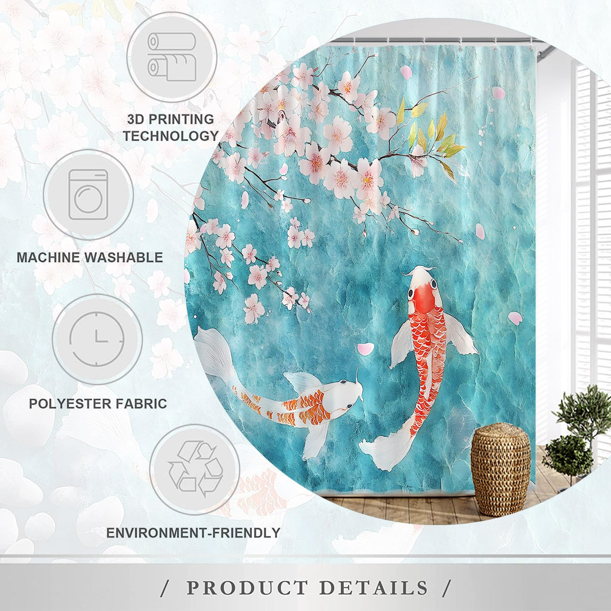 Japanese Fish Shower Curtain Pink Cherry Blossom Asian Floral Blue Lake Animal Zen Garden Nature Abstract Art Bathroom Decor Set Polyester Fabric with Hooks 60X70 Inch (Blue Pink / 60.00" × 70.00" Inch)