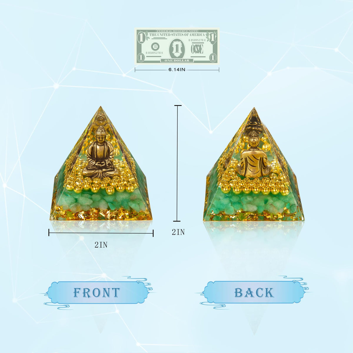 Little Buddha Statue in Healing Crystal Organite Pyramid (Gold / Small)