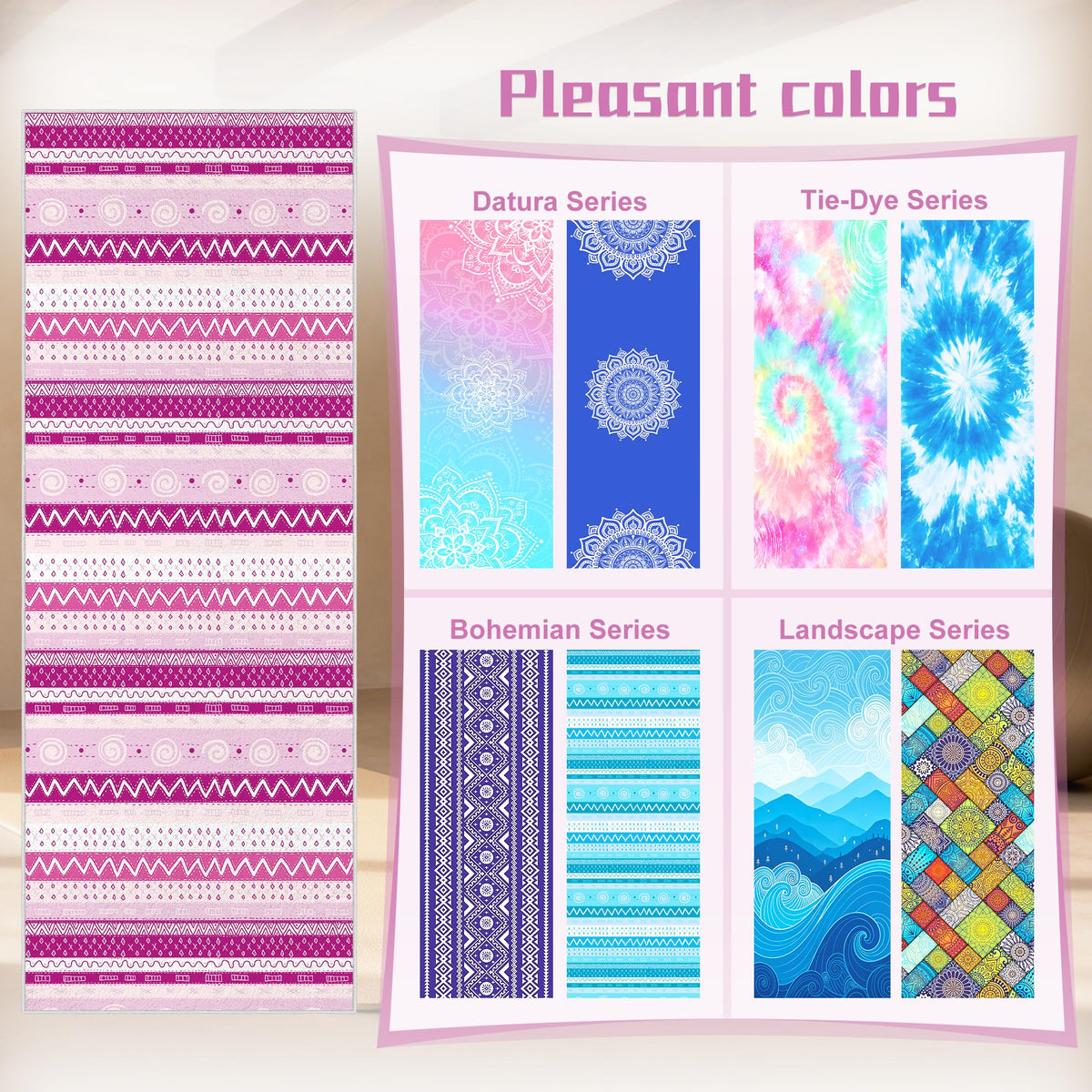 Yoga Towel Absorbent Yoga Mat Towel for Hot Yoga Non Slip (Pink Triangle Geometry / Casual)