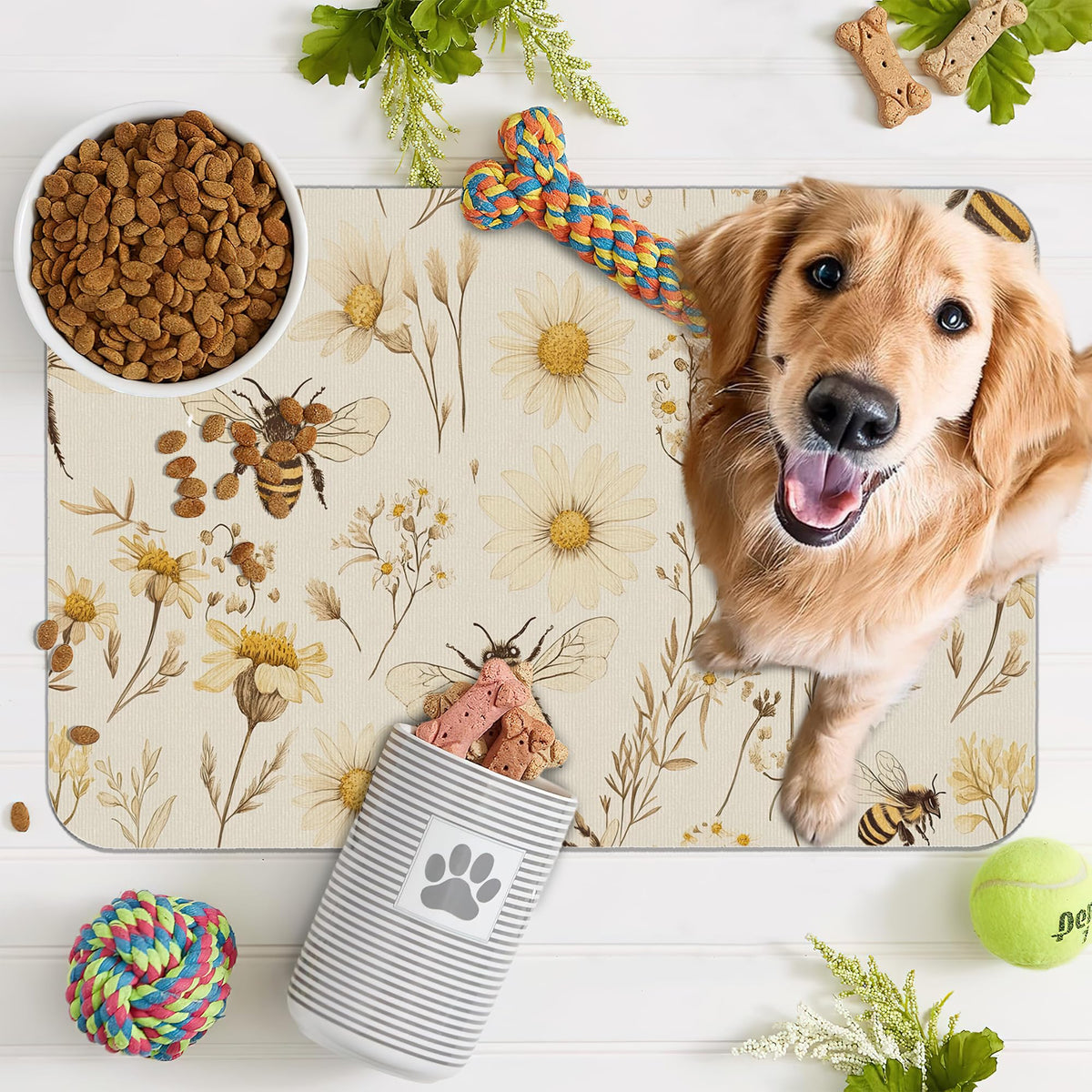 Bees Boho Daisy Floral Dog Food Mat for Floors (16"L x 16"W / Bees Boho Daisy Floral)