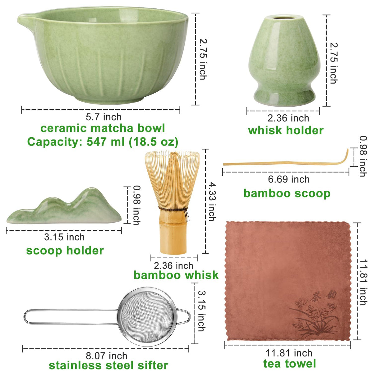 Matcha Whisk Set Ceramic Bowl Kit with Spout (Matcha Set-Green)