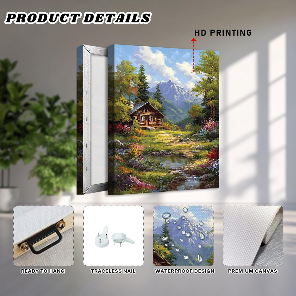Mountain Froest Wall Art Nature Batonical Canvas Prints for Living Room Natural Landscape Painting Poster Colorful Wildflower Pictures Green Trees Canvas Artwork for Bedroom Home Decorations 16x24" (24"L x 16"W / Wooden House)