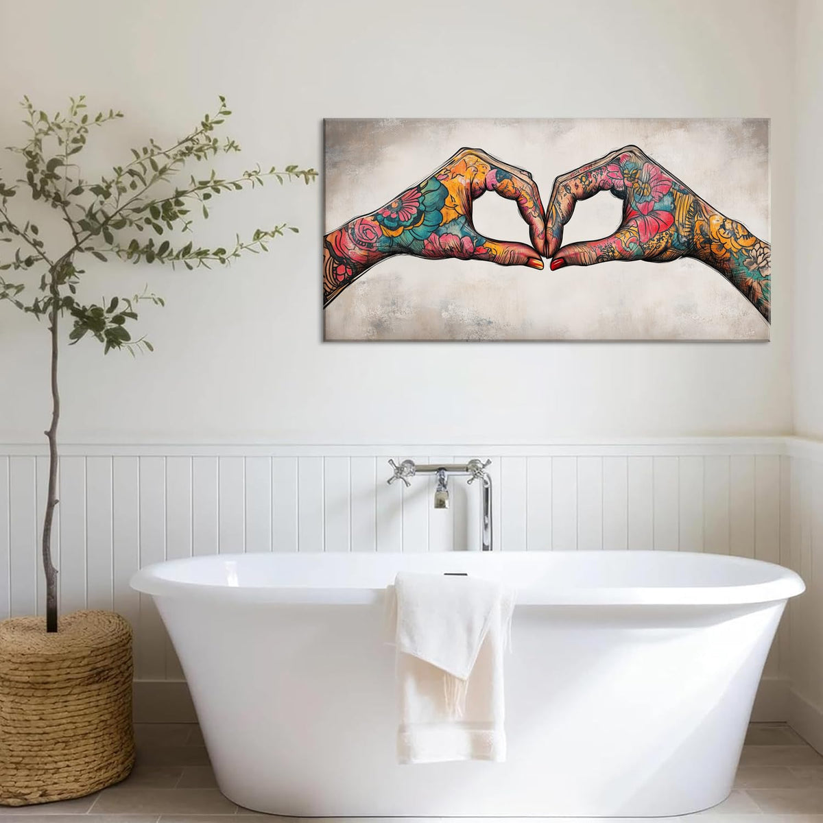 Colorful Two Tattooed Hands Heart Shape Wall Art for Living Room Office Romantic Gesture Contemporary Painting Prints Modern Canvas Artwork Dining Bedroom Decor (Contemporary / Colorful TwoTattooed Hands Wall Art / 40"L x 20"W)
