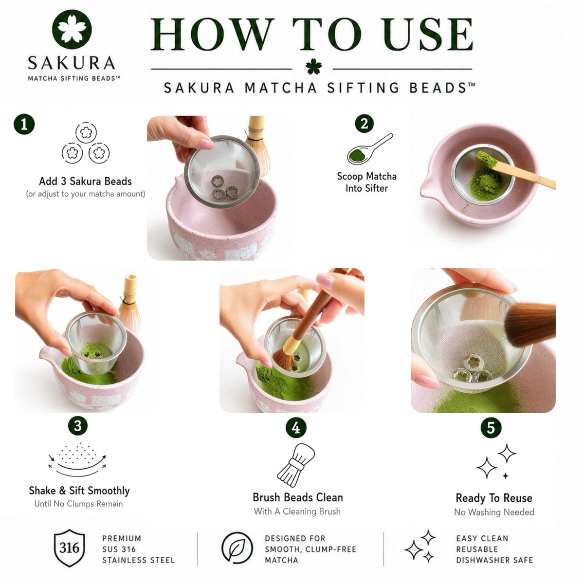 3pcs Matcha Sifter Beads 316 Stainless Steel