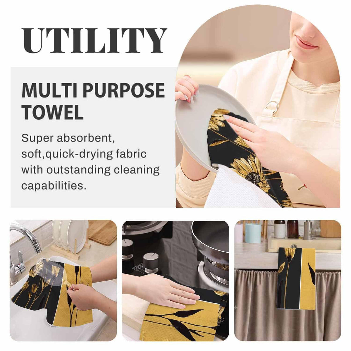 Flower Kitchen Towels Set of 2 Modern Abstract Gray Gold Sunflower Dish Towels Absorbent Soft Hand Tea Bar Towels for Farmhouse Home Decor 16"X24" (Flower)