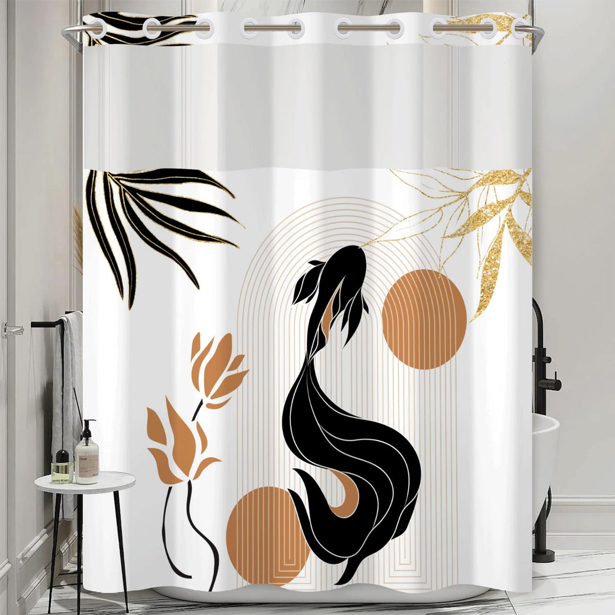 No Hook Shower Curtain and Liner Set (Abstract Koi Fish)