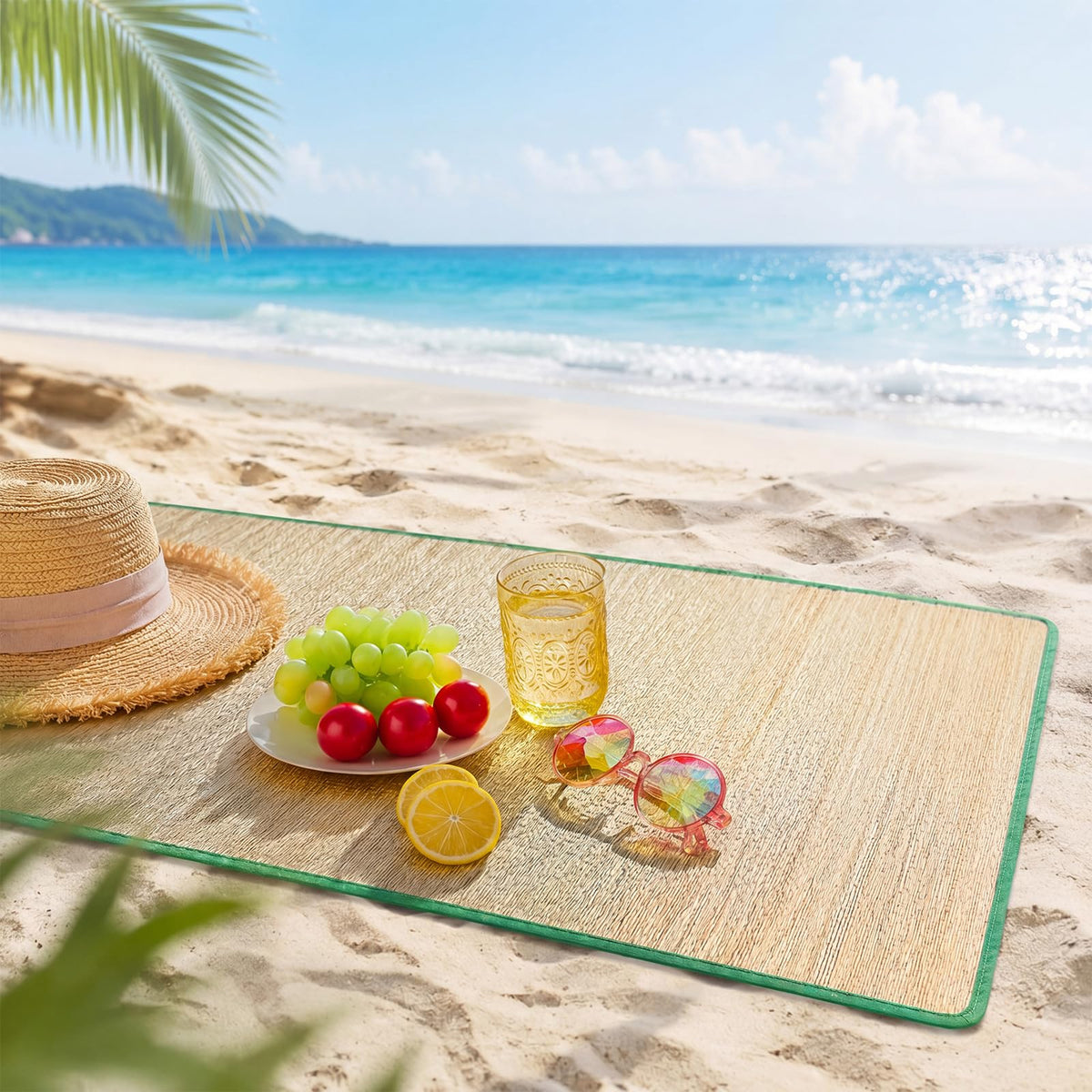 4 Packs Straw Beach Mat with Trim (70 x 24 Inch / Green)