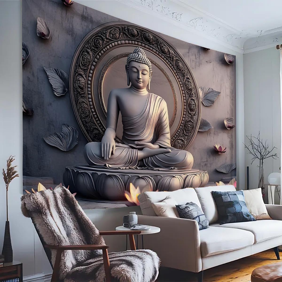 Vintage Sitting Buddha Tapestry Wall Hanging Buddhist Statue Tapestries Lotus Meditation Wall Decor Psychedelic Indian Zen Art for Bedroom Living Room Home Decor (Grey2 / 90"L x 71"W)