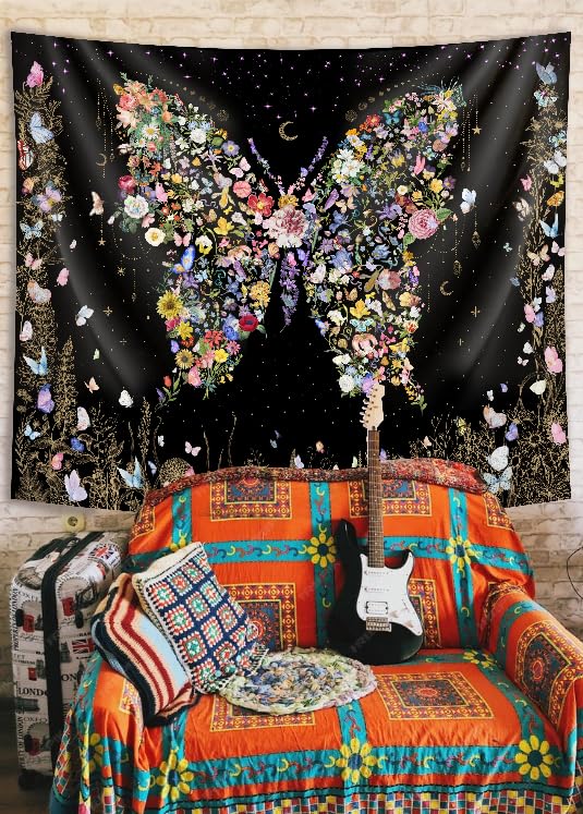 Floral Tapestry Wall Hanging Cute (59.1"L x 49.2"W / Black)