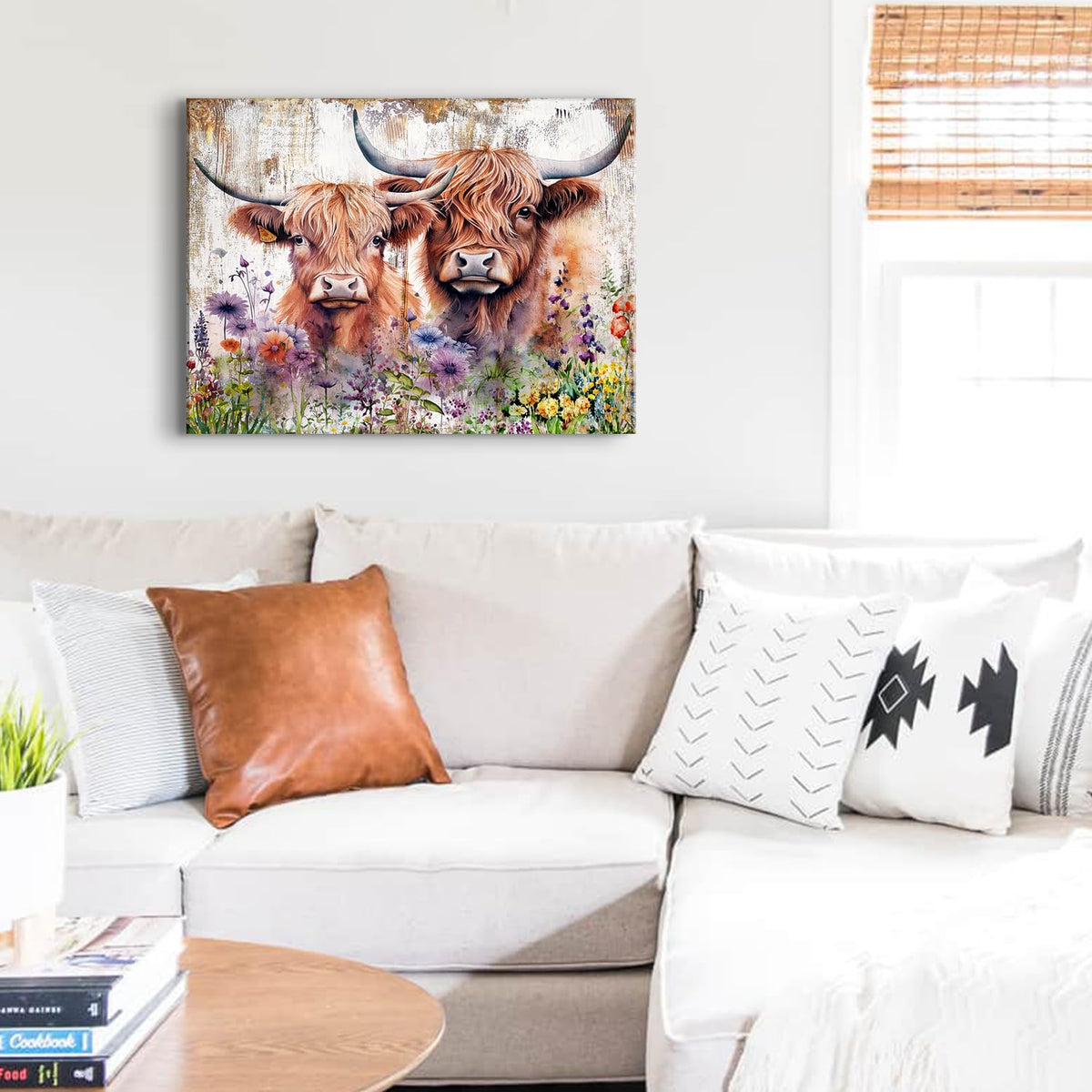 Cute Highland Cow Wall Art Rustic Cows Picture Wall Decor Nursery Room Decor Farmhouse Wildflower Scottish Cow Painting Bathroom Western Country Cattle Poster Artwork for Living Room Decoration 20x30" (30"L x 20"W / Cow)