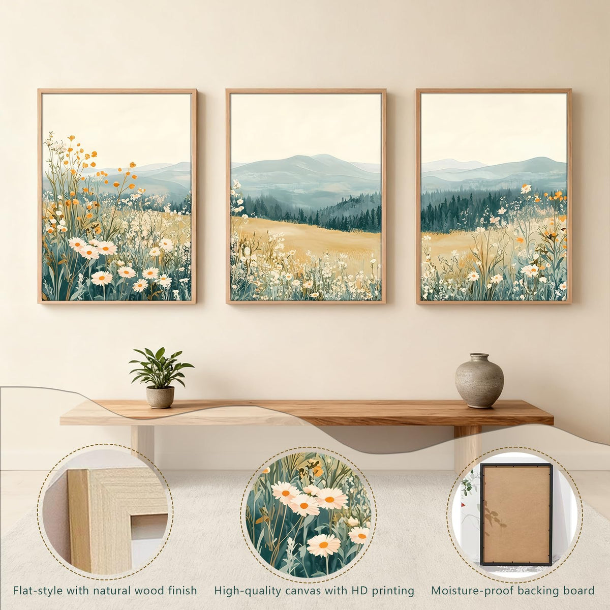 3Pcs Meadow Wildflower Landscape Canvas Wall Art Natural Mountain Prints (Mountain Landscape / 16x24 Inches)