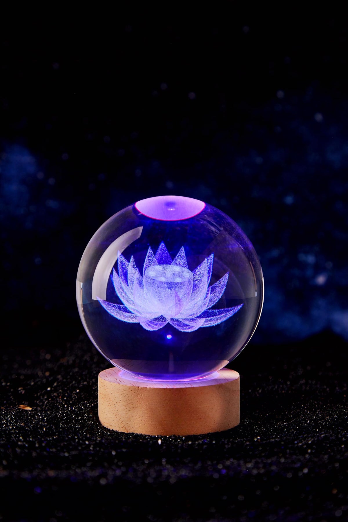Large Lotus Crystal Ball Night Light with Woodern Base (love)