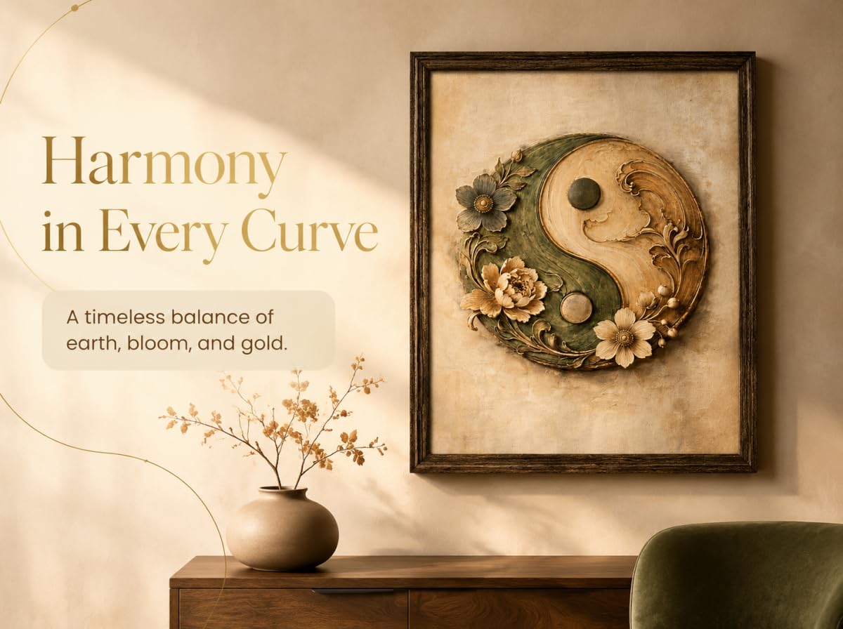 Vintage Oriental Zen Framed Wall Art Textured Relief Yin Yang Symbol with Peony Floral Print Wabi‑Sabi Japandi Moss Green Gold Neutral Earth Tone Meditation Yoga Room Living Room Wall Decor (Yin‑Yang Floral / 24"L x 16"W)