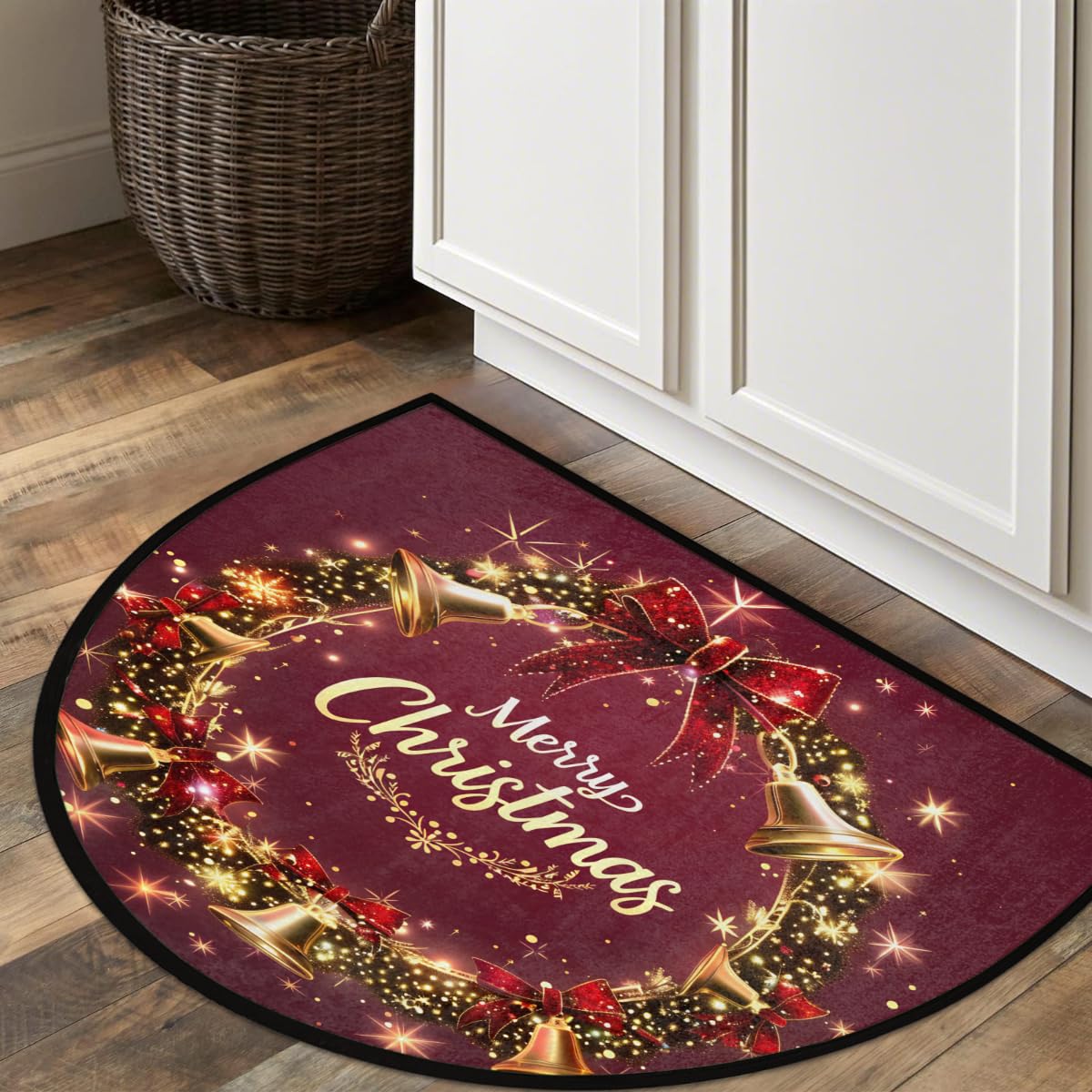 Half Round Doormat Christmas Xmas Bell Red Washable Semi Circle Area Rug Non Slip Half Moon Rug Holiday Decor Mat for Indoor Outdoor Bathroom Kitchen Welcome Fireplace Hearth Floor Mat (X:xmas4)