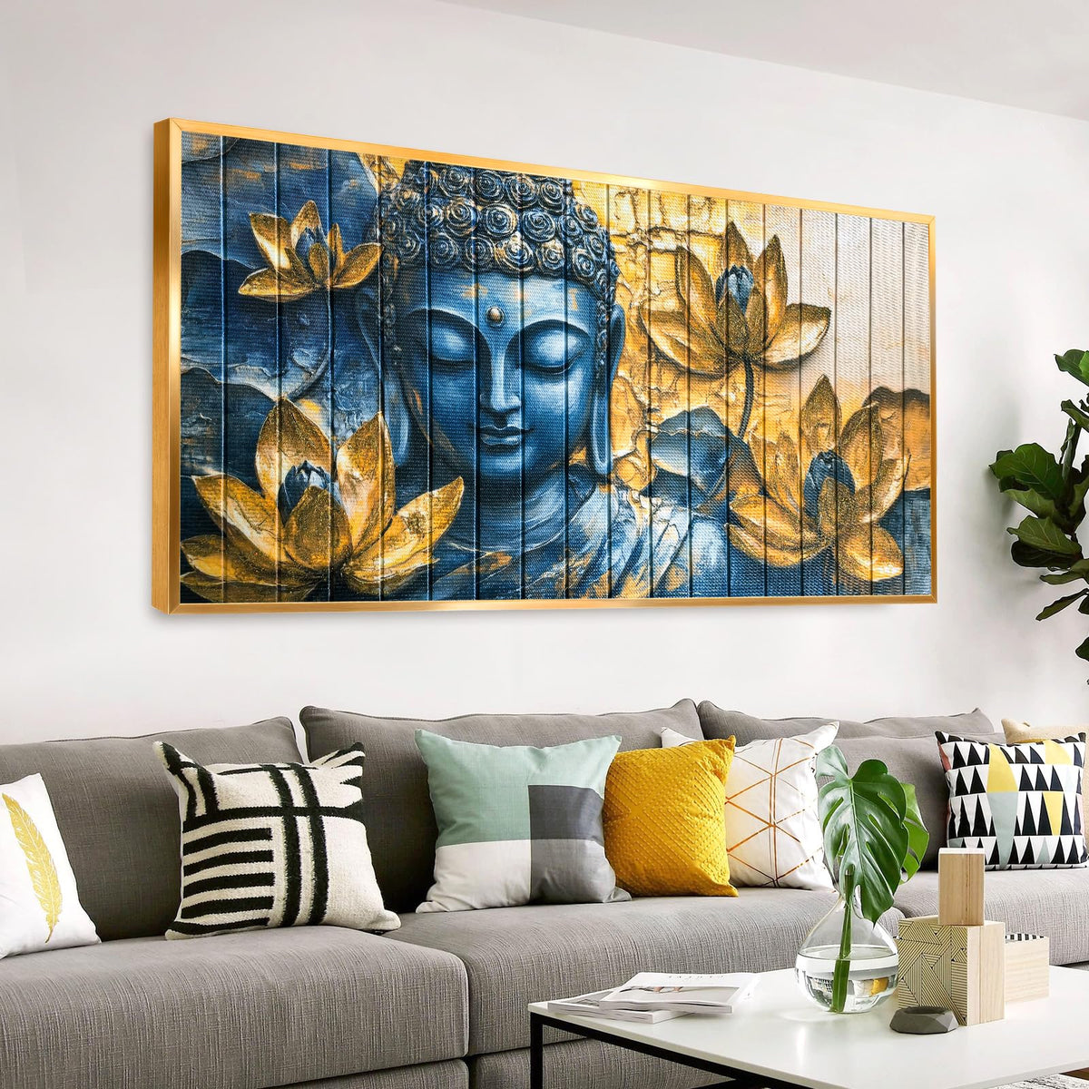 Vintage Buddha Wall Art Zen Lotus Flowers Canvas Ribbon Pictures Inspirational Wall Decor Handmade 3D Woven Textured for Buddhism Room Bathroom Bedroom Living Room Home Decor 24" x 48" (Gold / 48"L x 24"W)