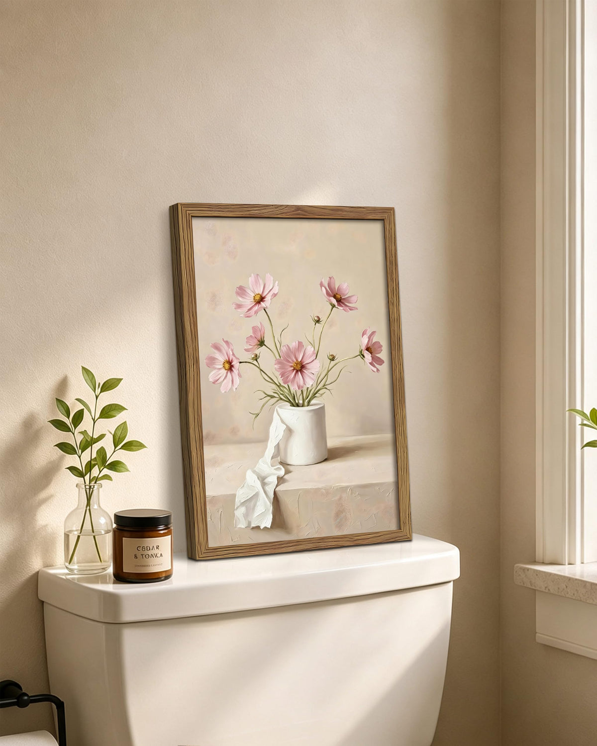 Pink Cosmos Flower Bathroom Framed Canvas Wall Art (A-Pink Flowers / 16"L x 12"W)