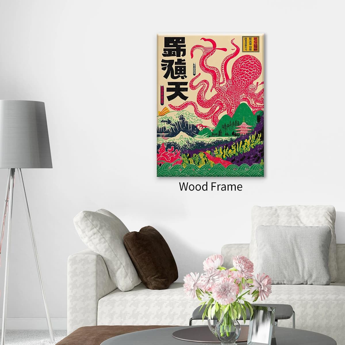 Framed Japanese Wall Art Octopus Ocean Theme Canvas Print 16x24in Vintage Ukiyo (Wrapped Canvas / Japanese Art 002 / 24"L x 16"W)