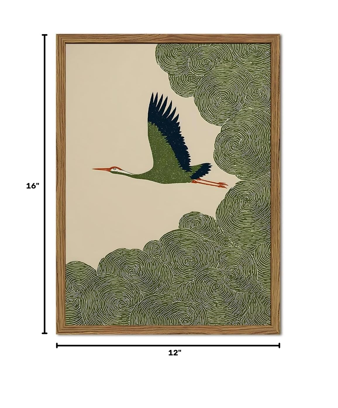 Framed Japanese Flying Crane Wall Art (Green Bird / 16"L x 12"W)