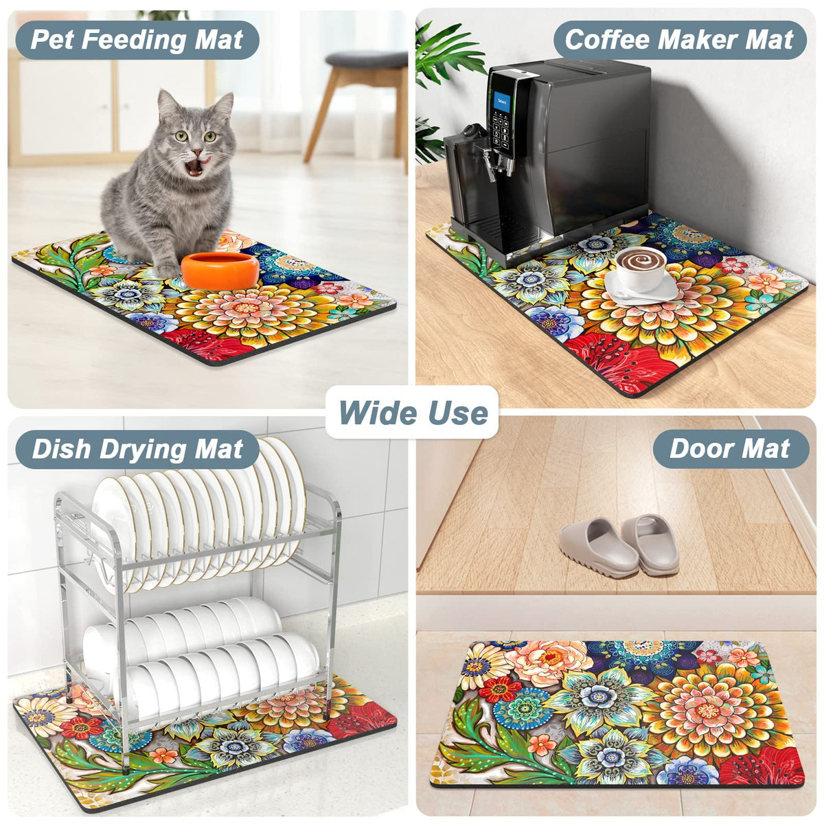 Coffee Mat 12" x 19" Cute Flower Theme Coffee Bar Mats for Espresso Machine Station Accessories and Organizer (Colorful Mandala / 12" x 19")