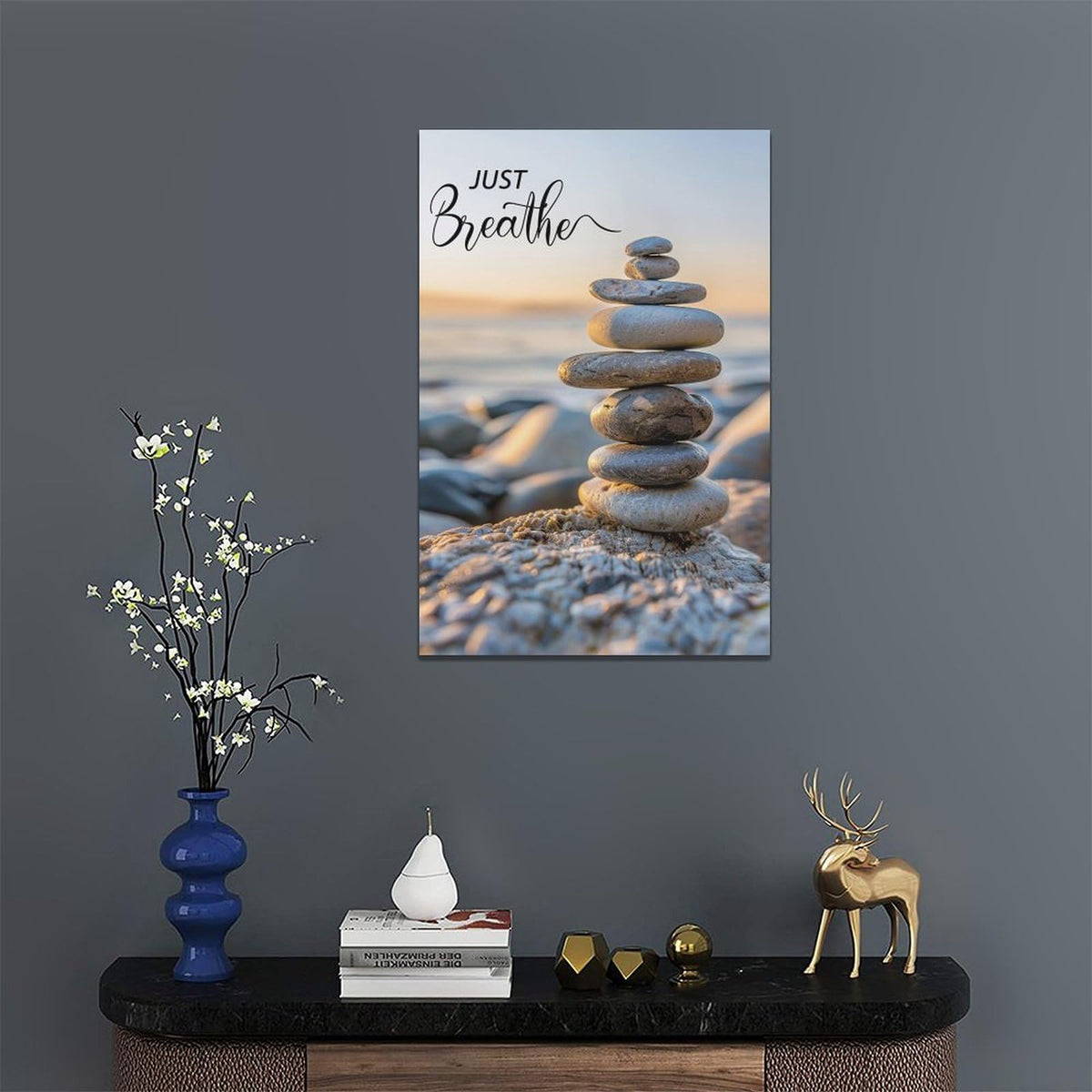 Zen Wall Art Spa Stone Just Breathe Pictures Canvas Wall Decor Meditation Yoga Painting Peaceful Home Modern Artwork Decorations Framed for Bathroom Bedroom Living Room Office 16 x 24 inch (16" x 24" / Zen)