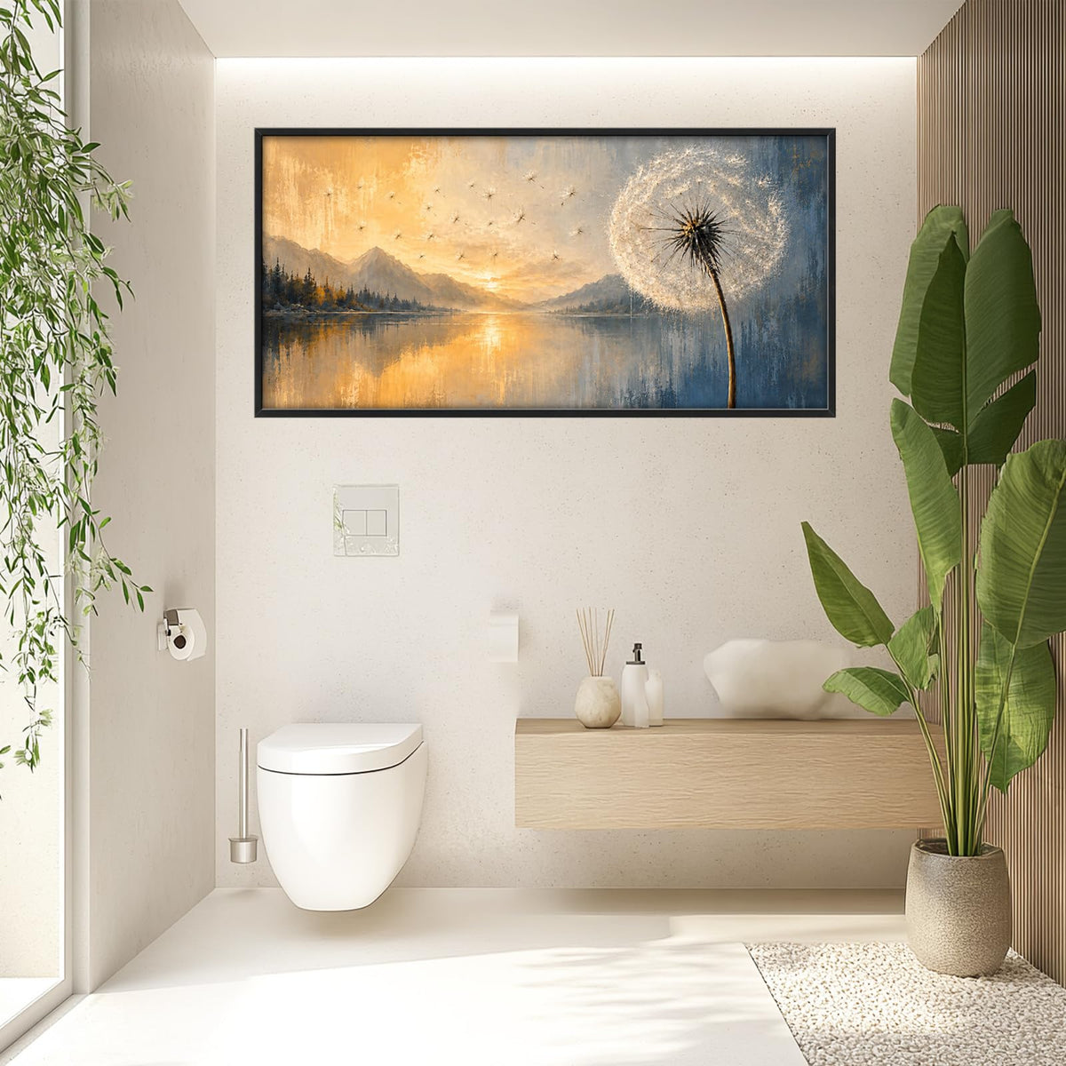 Large Framed Dandelion Wall Art Sunset Landscape Wall Decor 60"x30" (Dandelion / 60"L x 30"W)